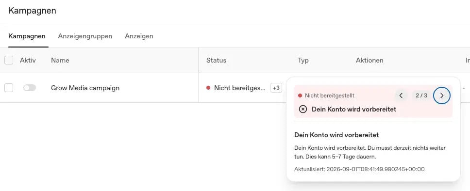 Statusmeldung im ChatGPT Ads Manager: Dein Konto wird vorbereitet. Du musst derzeit nichts weiter tun. Dies kann 5 bis 7 Tage dauern.