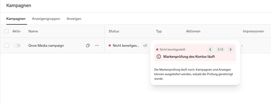 Statusmeldung im ChatGPT Ads Manager: Die Markenprüfung läuft noch. Kampagnen und Anzeigen können ausgeliefert werden, sobald die Prüfung genehmigt wurde.